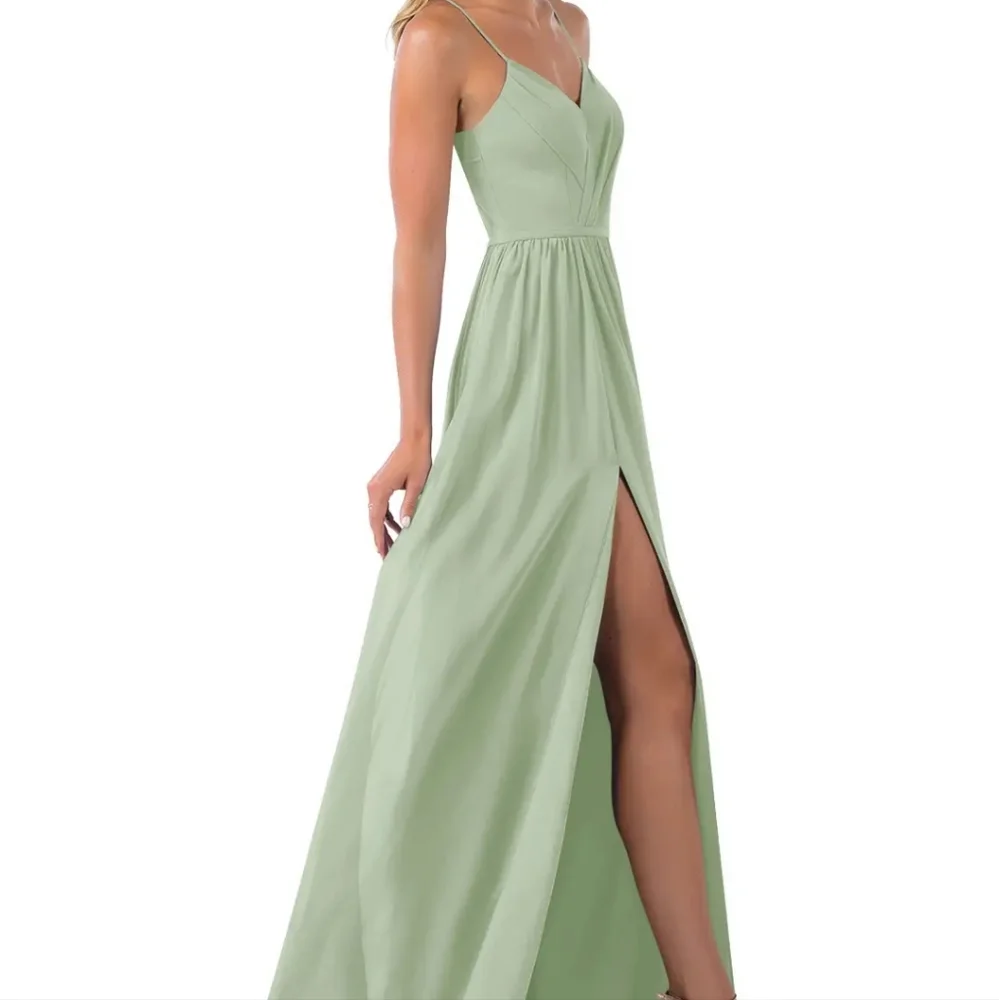 Azazie Sage Green Spaghetti Strap Maxi Dress with High Slit - Picture 8 of 11